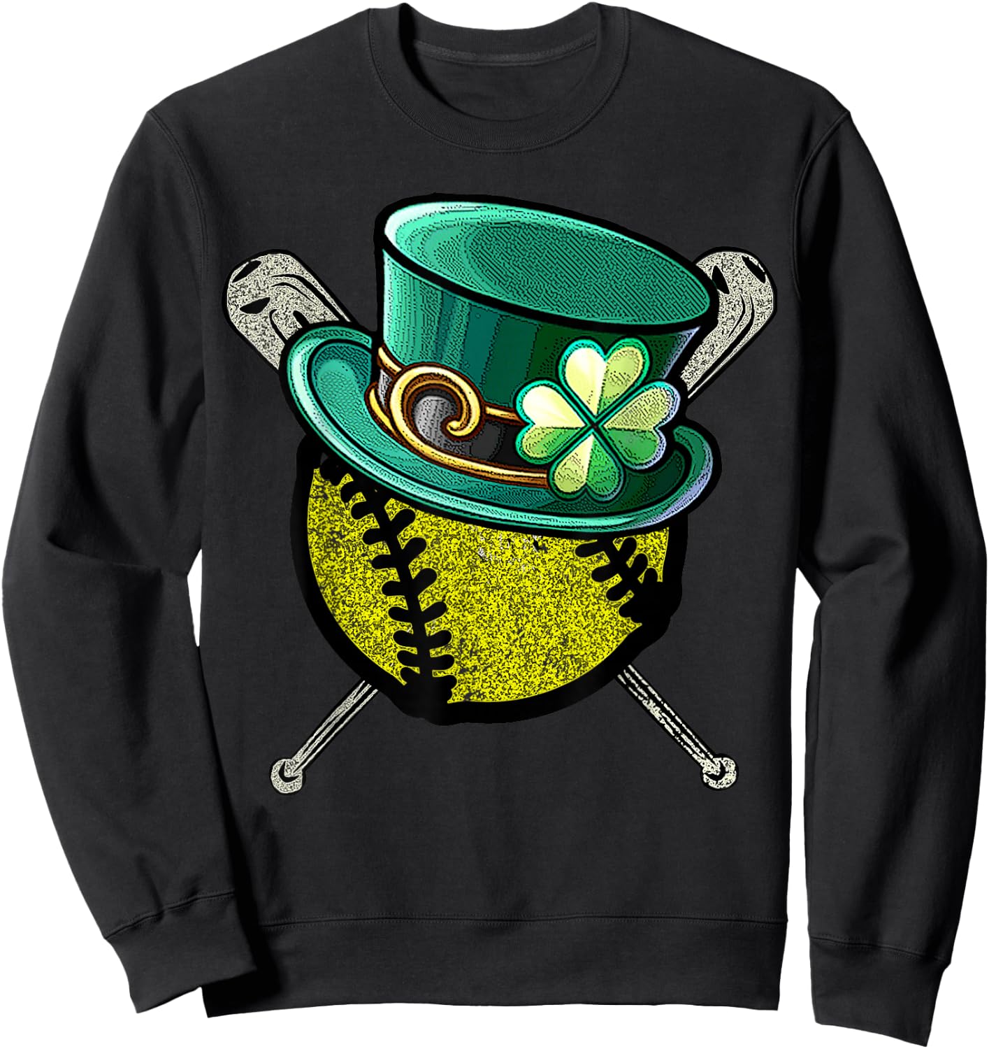 Softball Baseball Leprechaun Hat Shamrock St.Patrick's Day Sweatshirt - Sweatshirt | Black