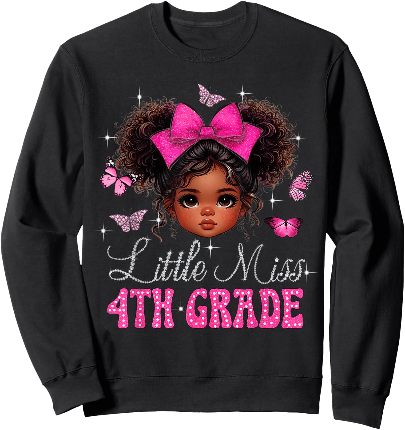Little Miss 4th Grade Messy Bun Black Girls Back To School Sweatshirt - Sweatshirt | Black
