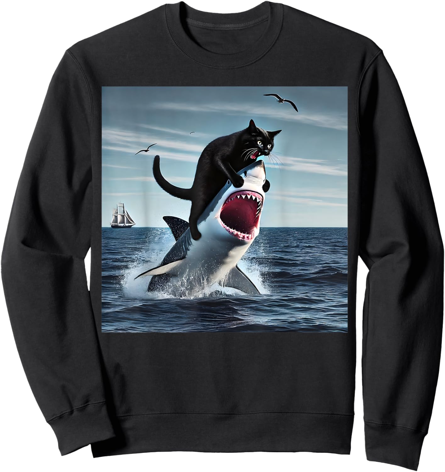 funny Art & Cat Lover Quote Cat Biting Shark Cool Black Cat Men Women Sweatshirt - Sweatshirt | Black