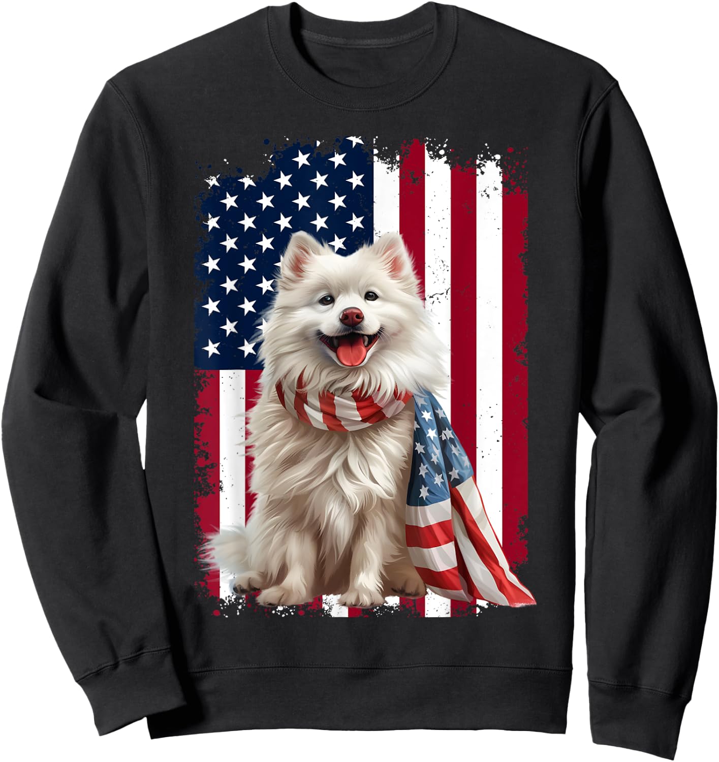 American Eskimo Dog American Flag 4th Of July Eskimo Lovers Women Kids Men Sweatshirt - Sweatshirt | Black
