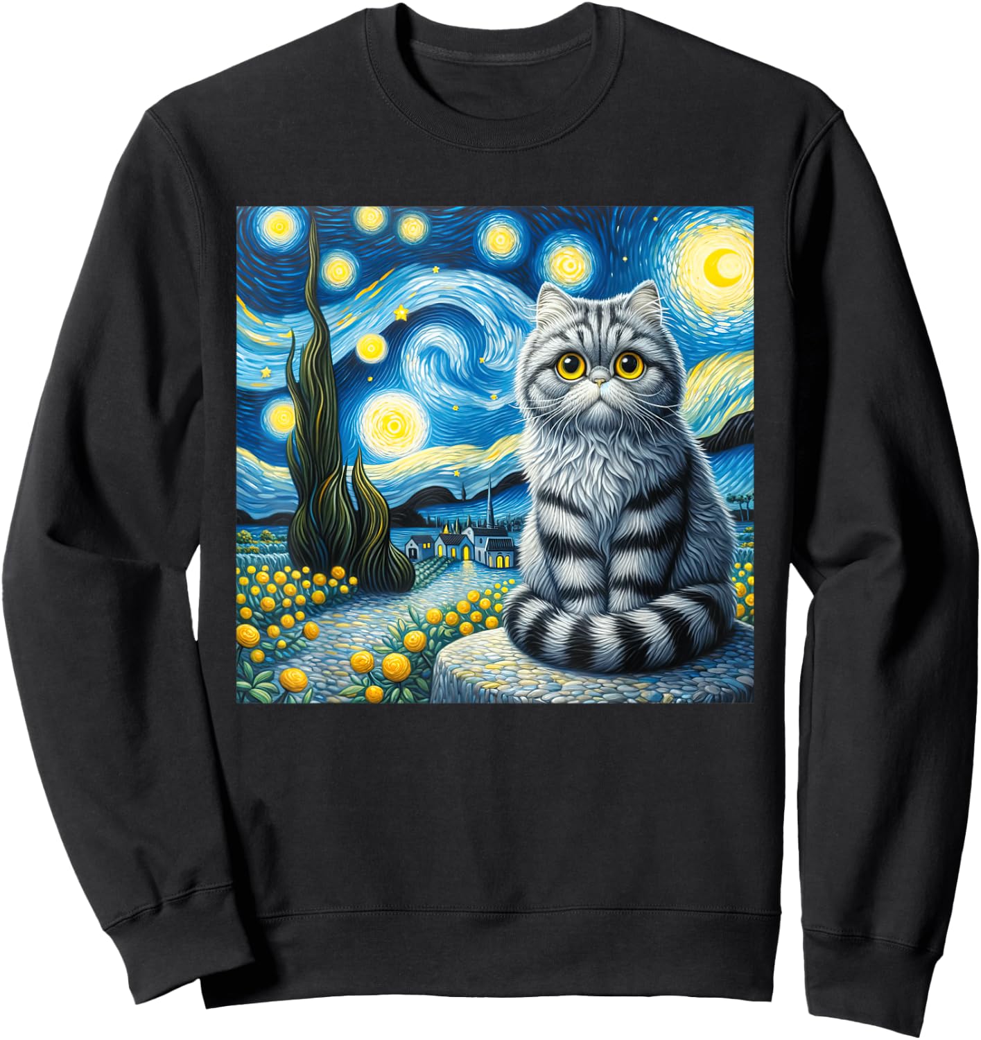 Cute Cat Van Gogh Starry Night Art painting Artistic Sweatshirt - Sweatshirt | Black