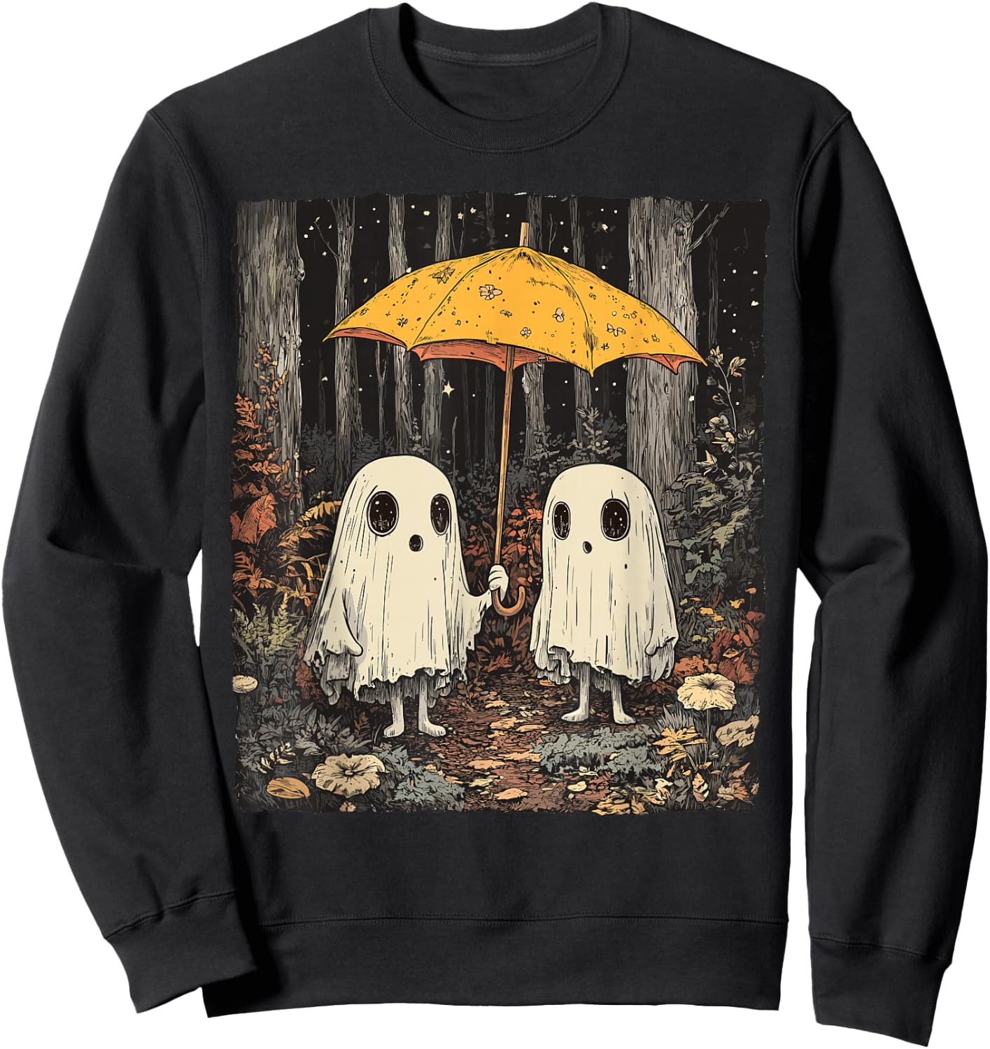 Vintage Floral Ghost Halloween Ghost in the Forest Gothic Sweatshirt - Sweatshirt | Black