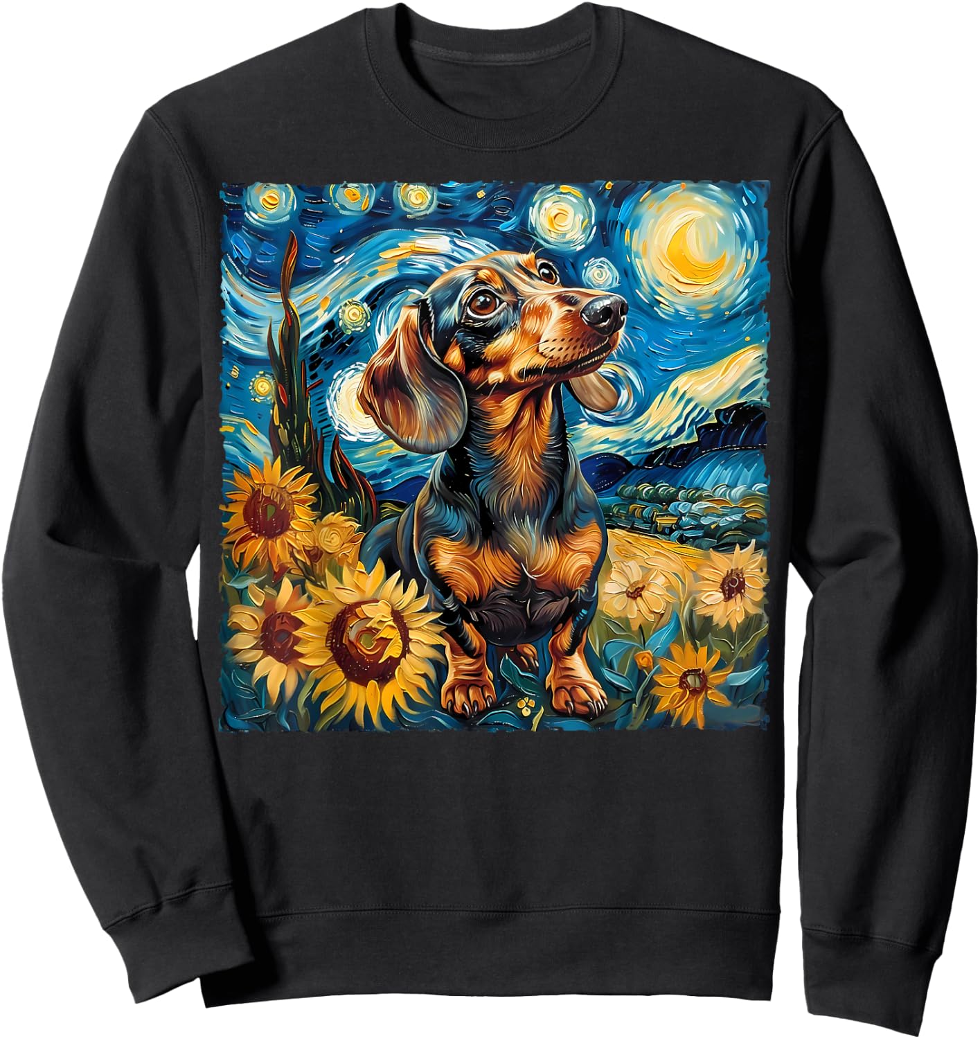 Van Gogh Style Funny Brown Dachshund Lover Starry Night Art Sweatshirt - Sweatshirt | Black