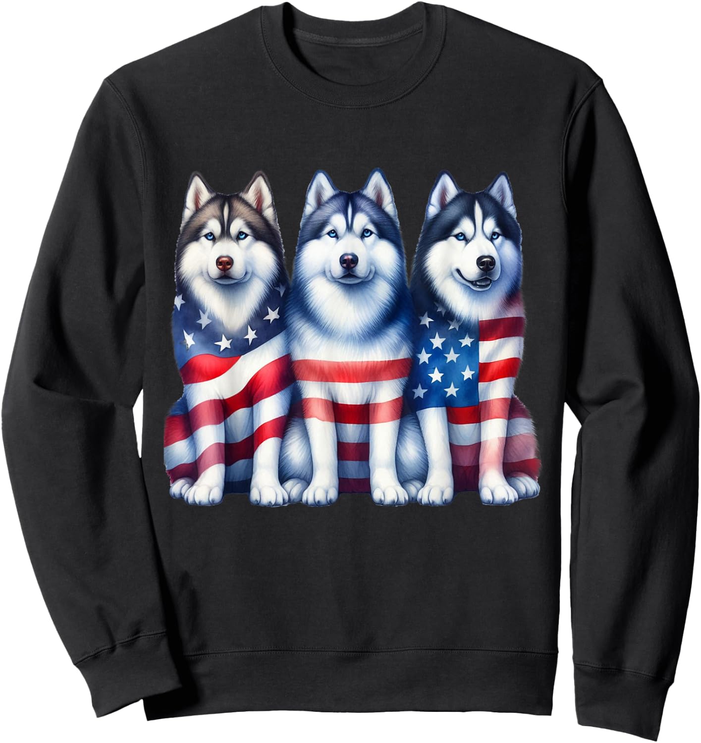 Three Husky Dog American USA Flag 4th of July Dog Lover Women Kids Men Sweatshirt - Sweatshirt | Black