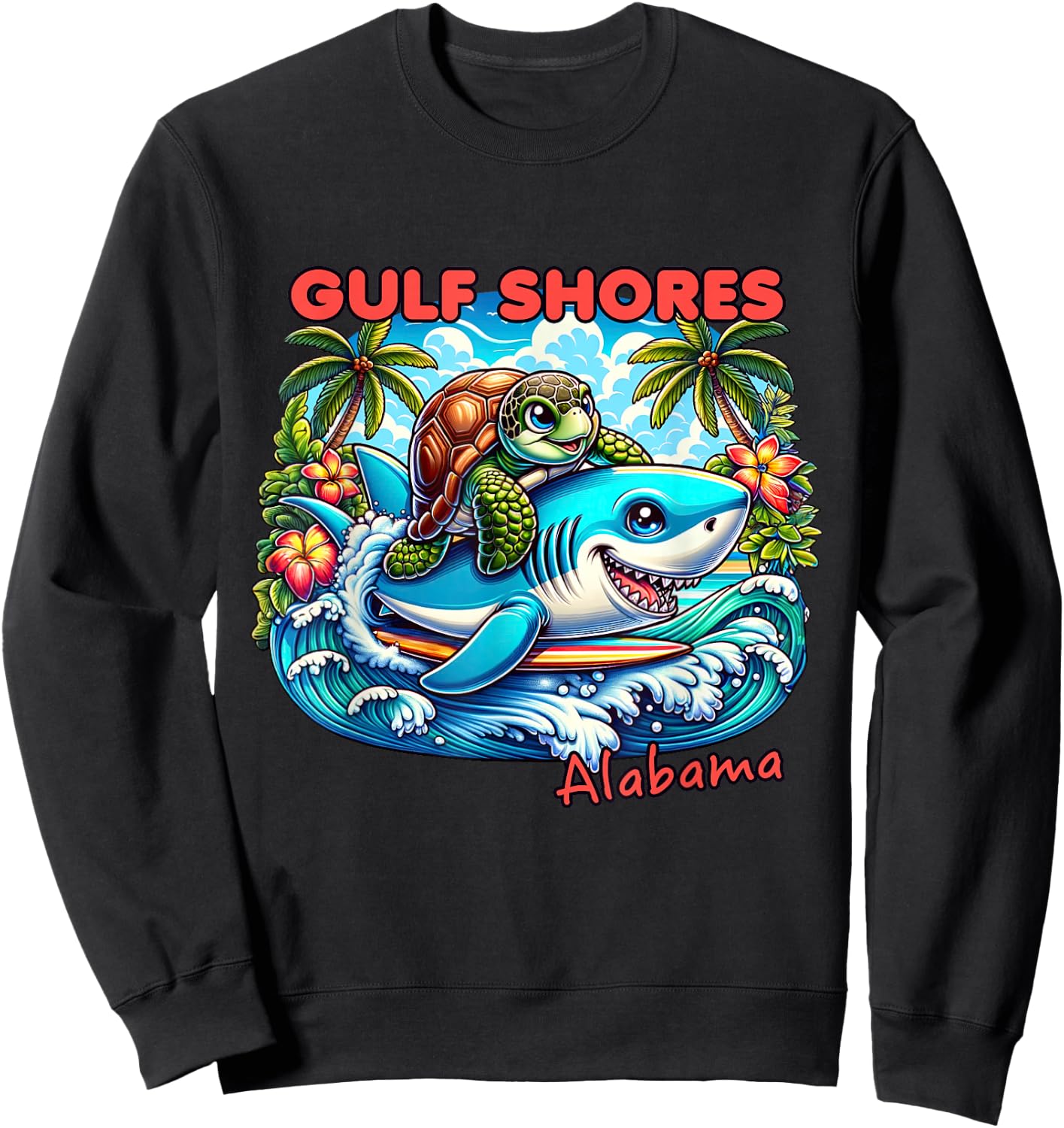 Gulf Shores Alabama Beach Turtle and Shark Sweatshirt - Sweatshirt | Black