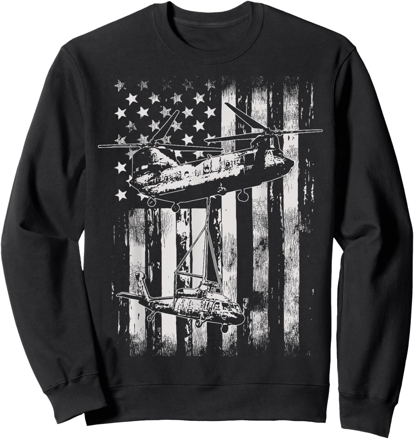 Vintage Chinook Helicopter American Flag Sweatshirt - Sweatshirt | Black