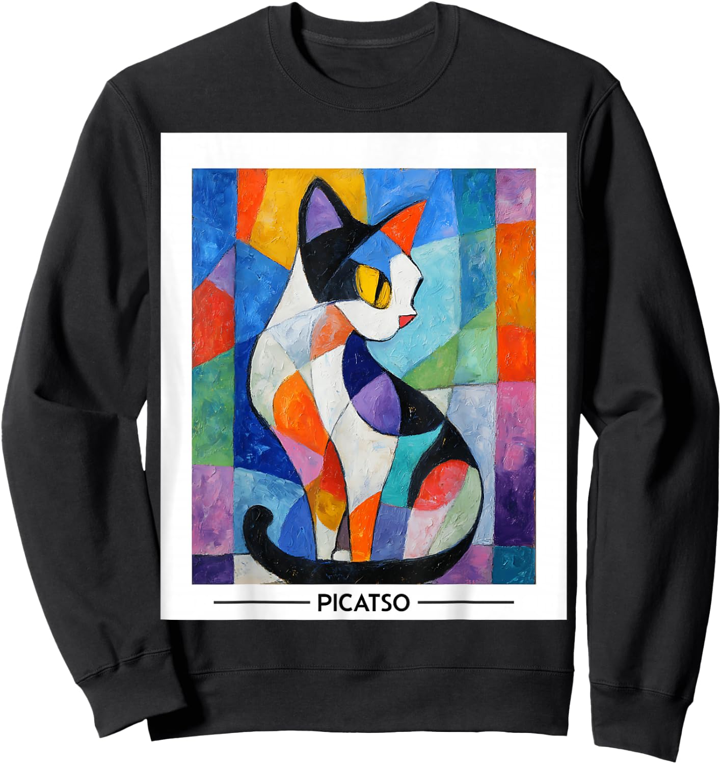 Abstract Cubist Cat Art Design -- Bold Colorful Picatso Gato Sweatshirt - Sweatshirt | Black