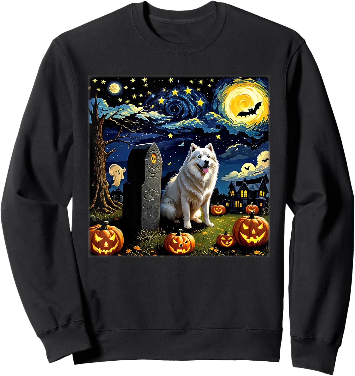 Spooky Halloween Samoyed Dog Starry Night Women Kids Sweatshirt - Sweatshirt | Black