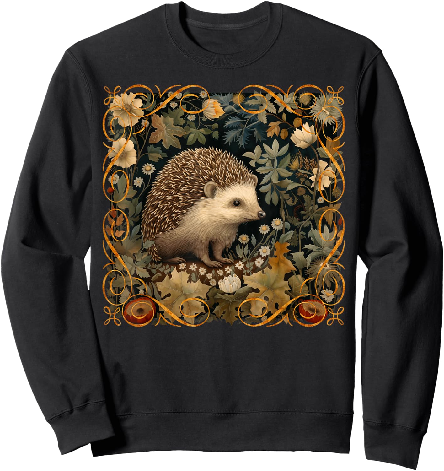 Hedgehog in a Forest William Morris Style Sweatshirt - Sweatshirt | Black