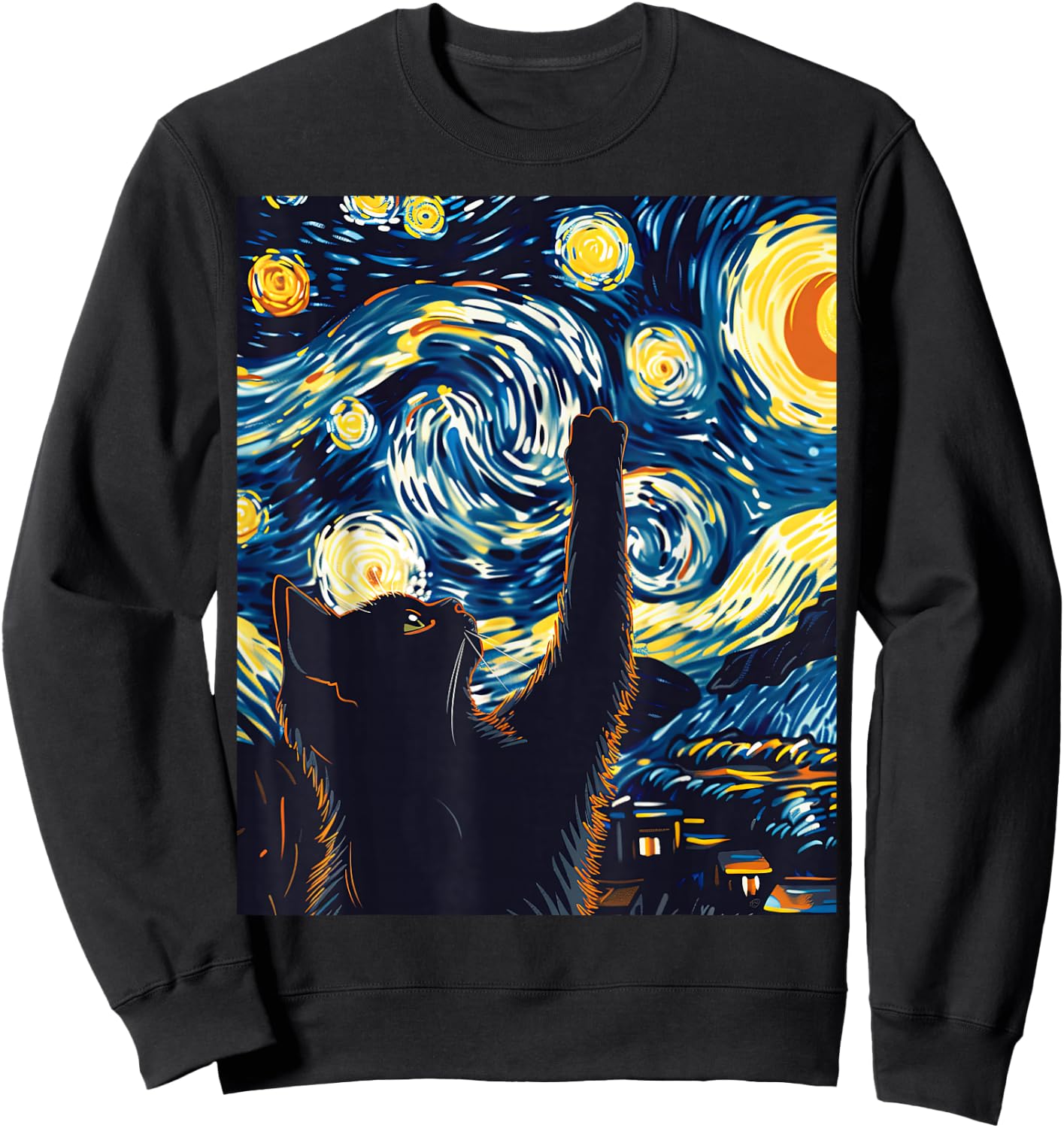 Cute Cat Van Gogh Style Starry Night Art Sweatshirt - Sweatshirt | Black