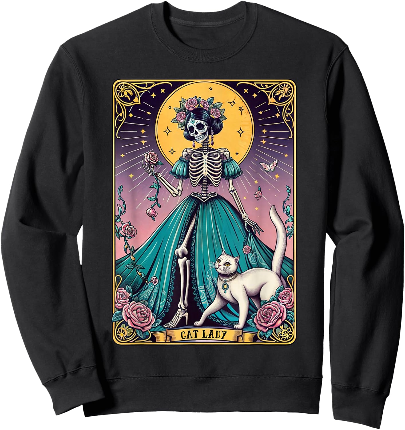 Cat Lady Tarot Card Skeleton Woman Funny Cat Lover Sweatshirt - Sweatshirt | Black