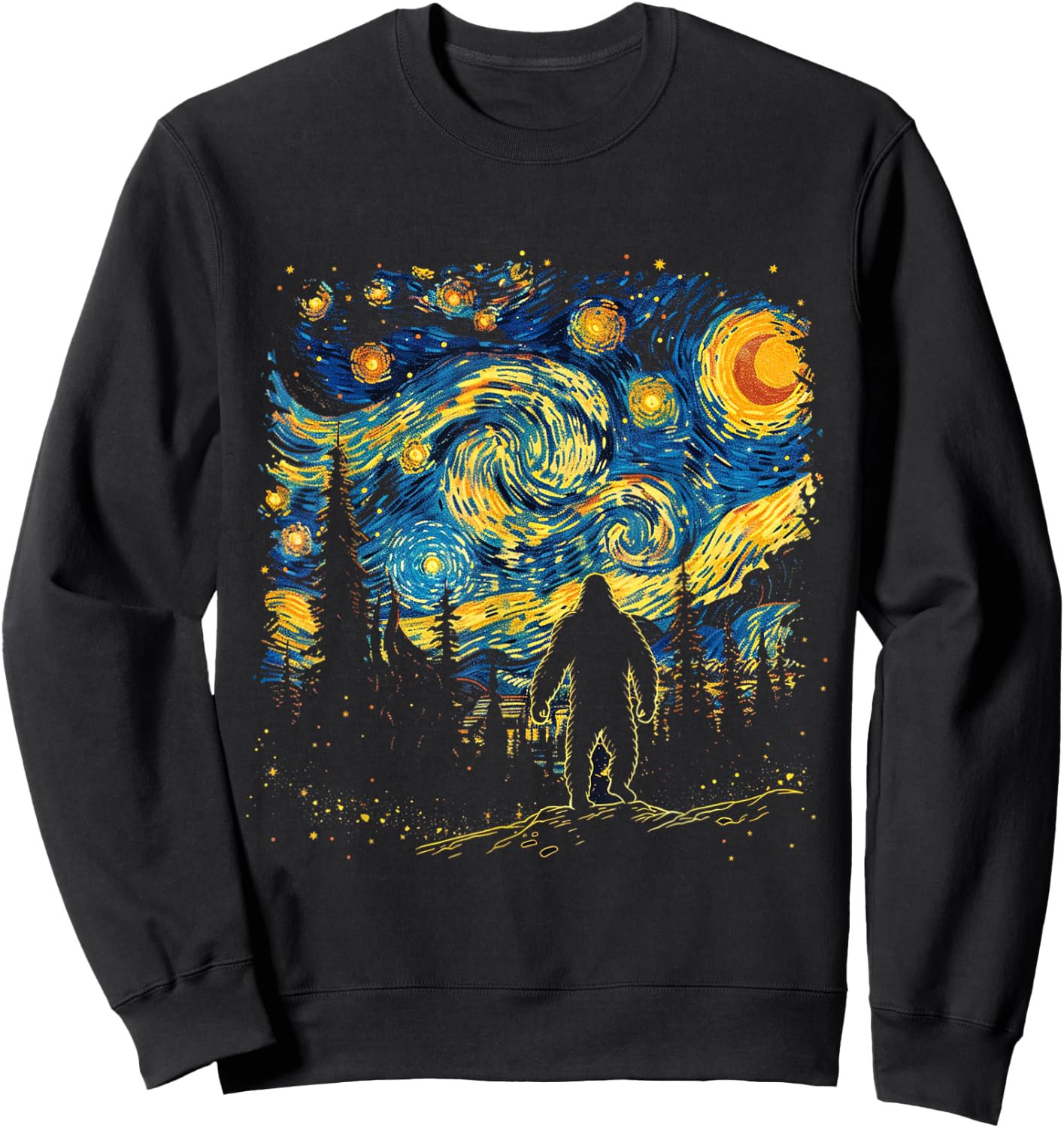 Funny Bigfoot Starry Night Sasquatch Van Gogh Sky Painting Sweatshirt - Sweatshirt | Black