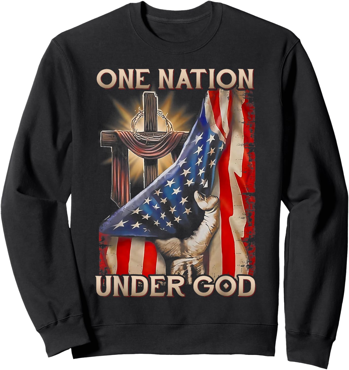 One Nation Under God US Flag 4th Of July Patriotic Christian Sweatshirt - Sweatshirt | Black