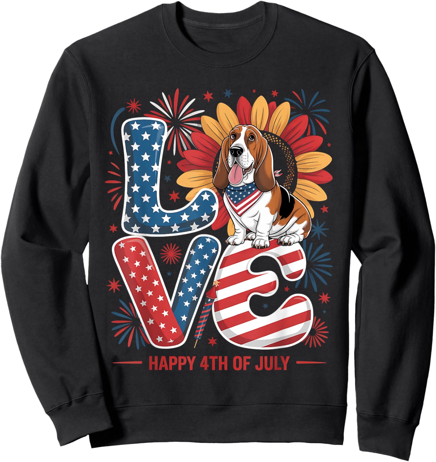 Funny Love Basset Hound Dog USA Flag Patriotic 4th Of July Women Kids Sweatshirt - Sweatshirt | Black