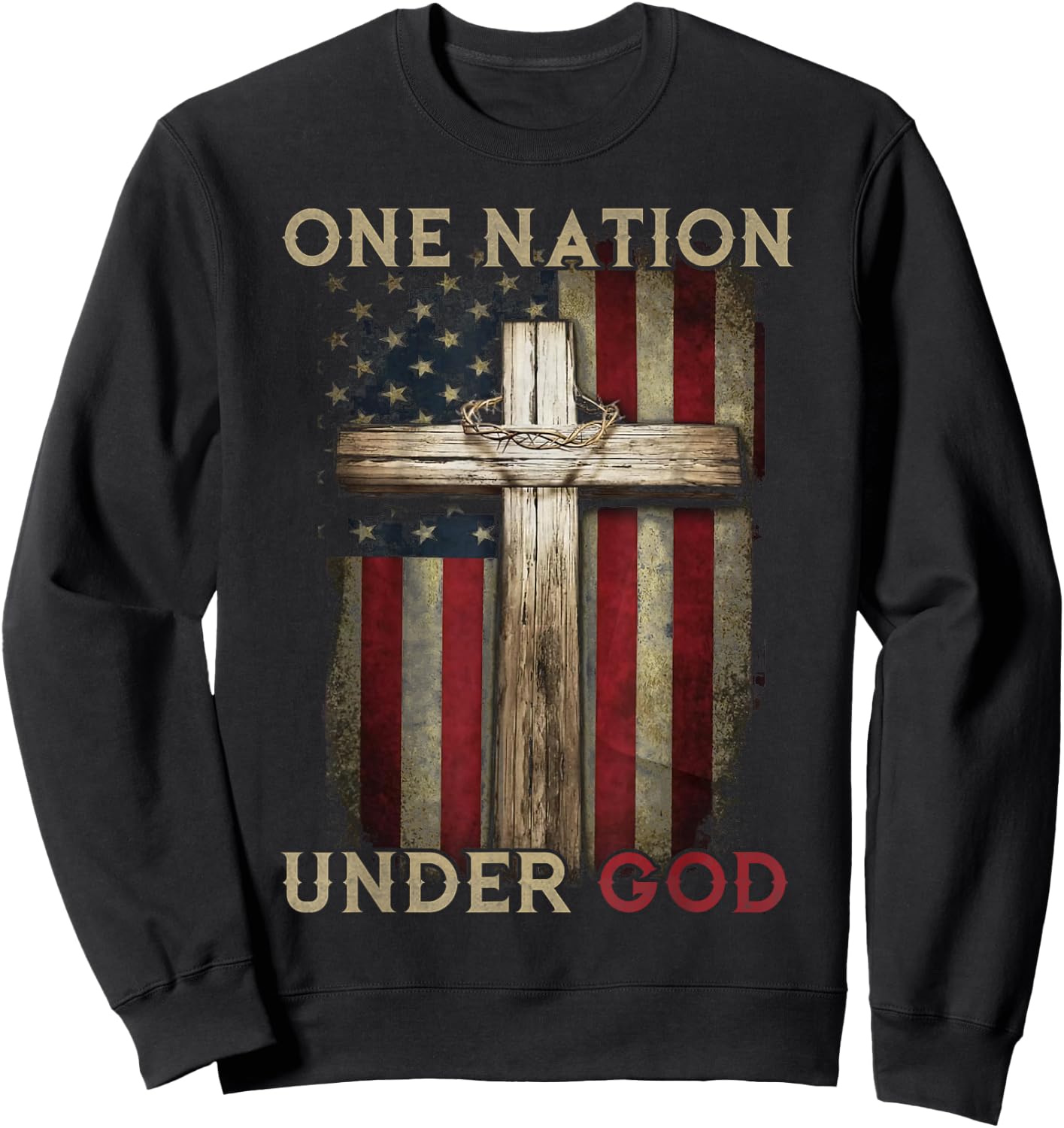 One Nation Under God US Flag 4th Of July Patriotic Christian Sweatshirt - Sweatshirt | Black