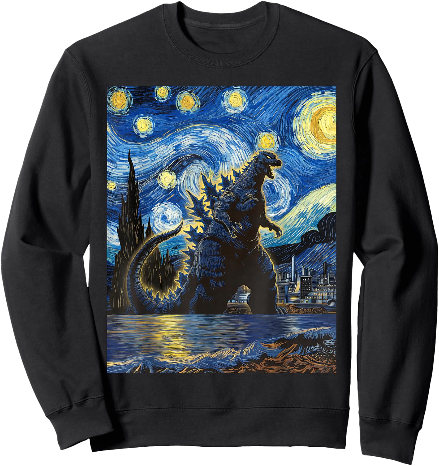 Vintage Japanese Monster Kaiju in Van Gogh Starry Night Art Sweatshirt - Sweatshirt | Black