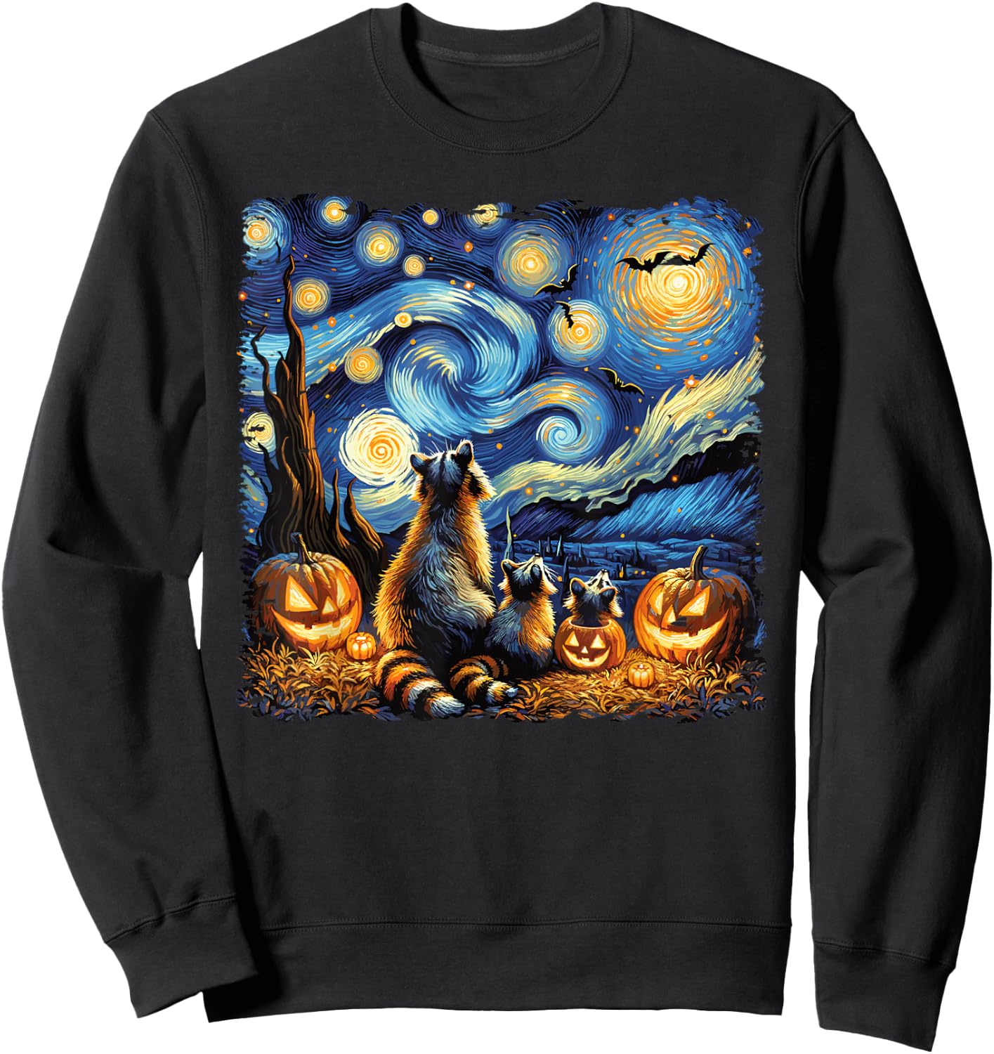 Halloween Fall Raccoon Van Gogh Starry Night Bats & Pumpkins Sweatshirt - Sweatshirt | Black