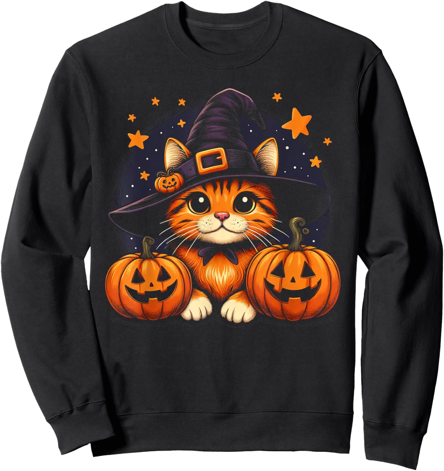 Orange Tabby Cat Halloween Graphic Women Cat Lover Sweatshirt - Sweatshirt | Black