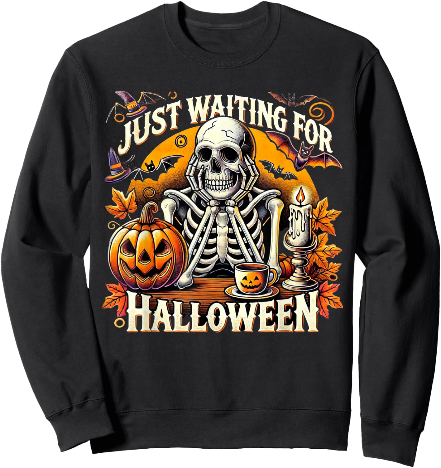 Just Waiting for Halloween Skeleton Coffee Spooky Season Sweatshirt - Sweatshirt | Black