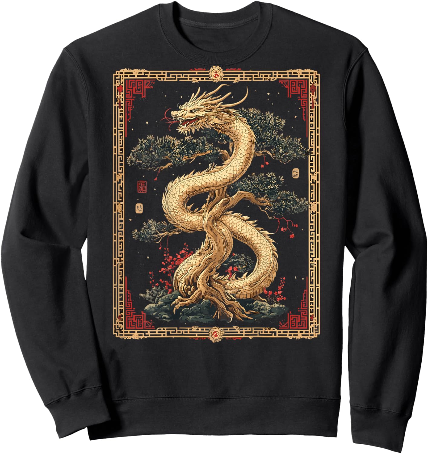 Chinese Dragon Bonsai Back Printed Graphic Sweatshirt - Sweatshirt | Black
