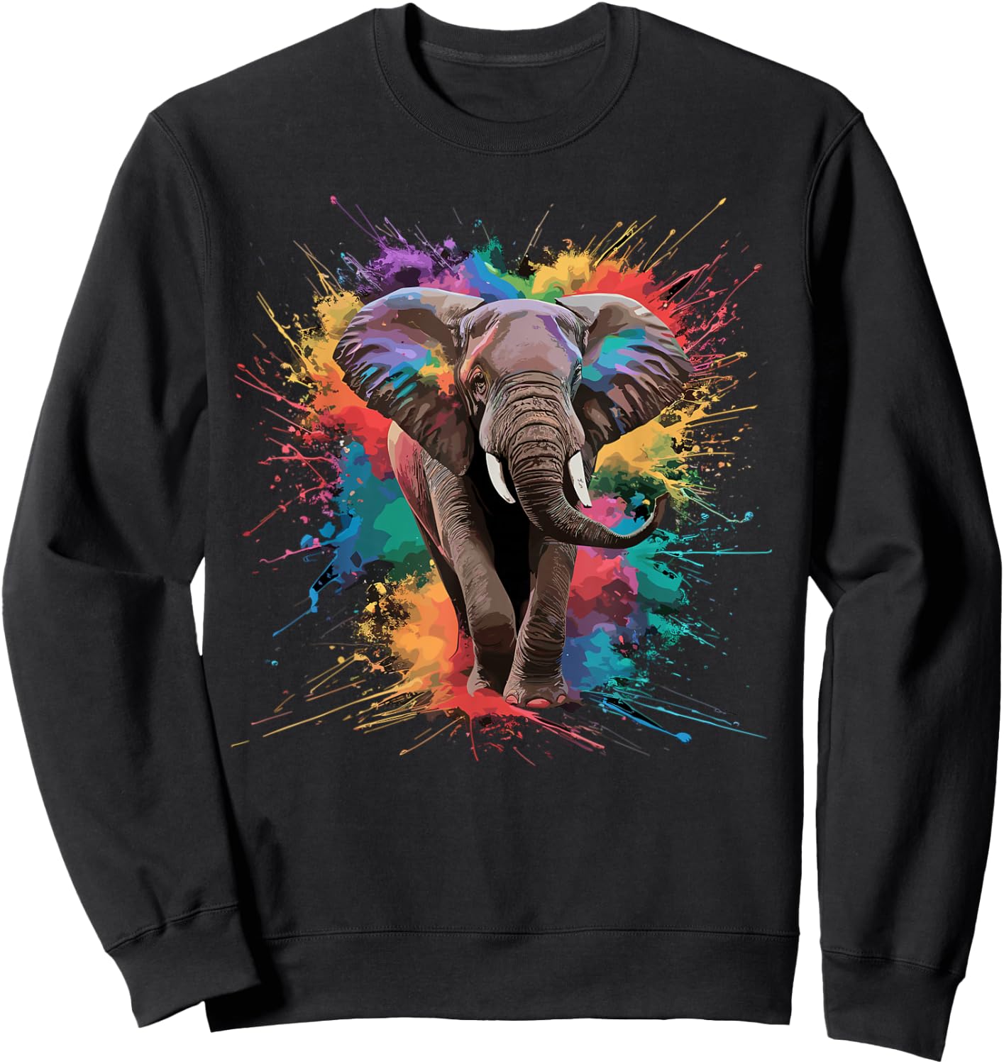 Colorful Paint Splash Elephant Art Graphic Sweatshirt - Sweatshirt | Black