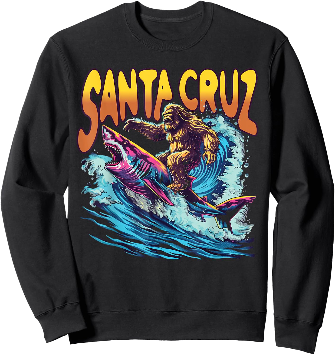 Santa Cruz California Summer Surfing Bigfoot Shark Men Women Kids Sweatshirt - Sweatshirt | Black