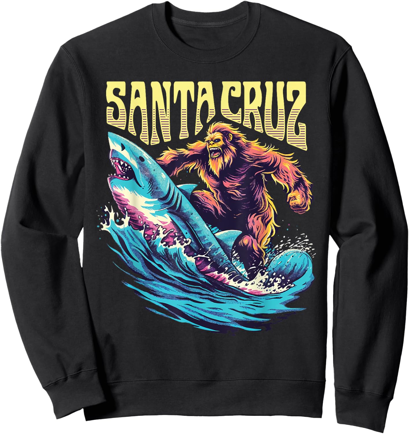 Santa Cruz California Summer Surfing Bigfoot Shark Women Kids Sweatshirt - Sweatshirt | Black