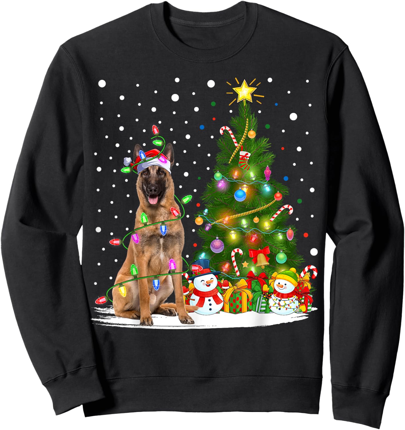 Lighting Xmas Tree Santa Belgian Malinois Dog Christmas Men Women Kids Sweatshirt - Sweatshirt | Black
