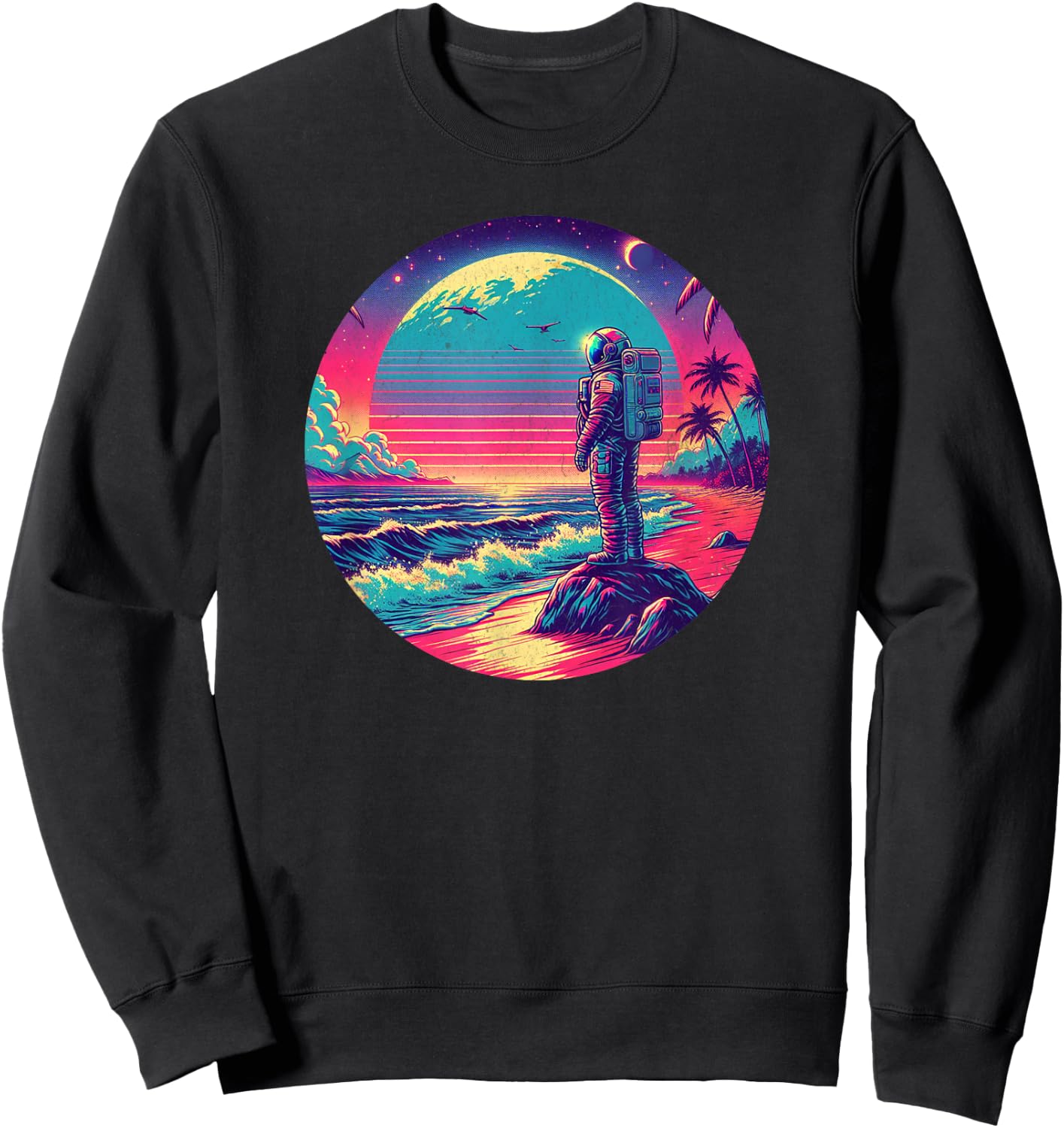 Synthwave Astronaut on the Beach, 1980s Retro Sweatshirt - Sweatshirt | Black