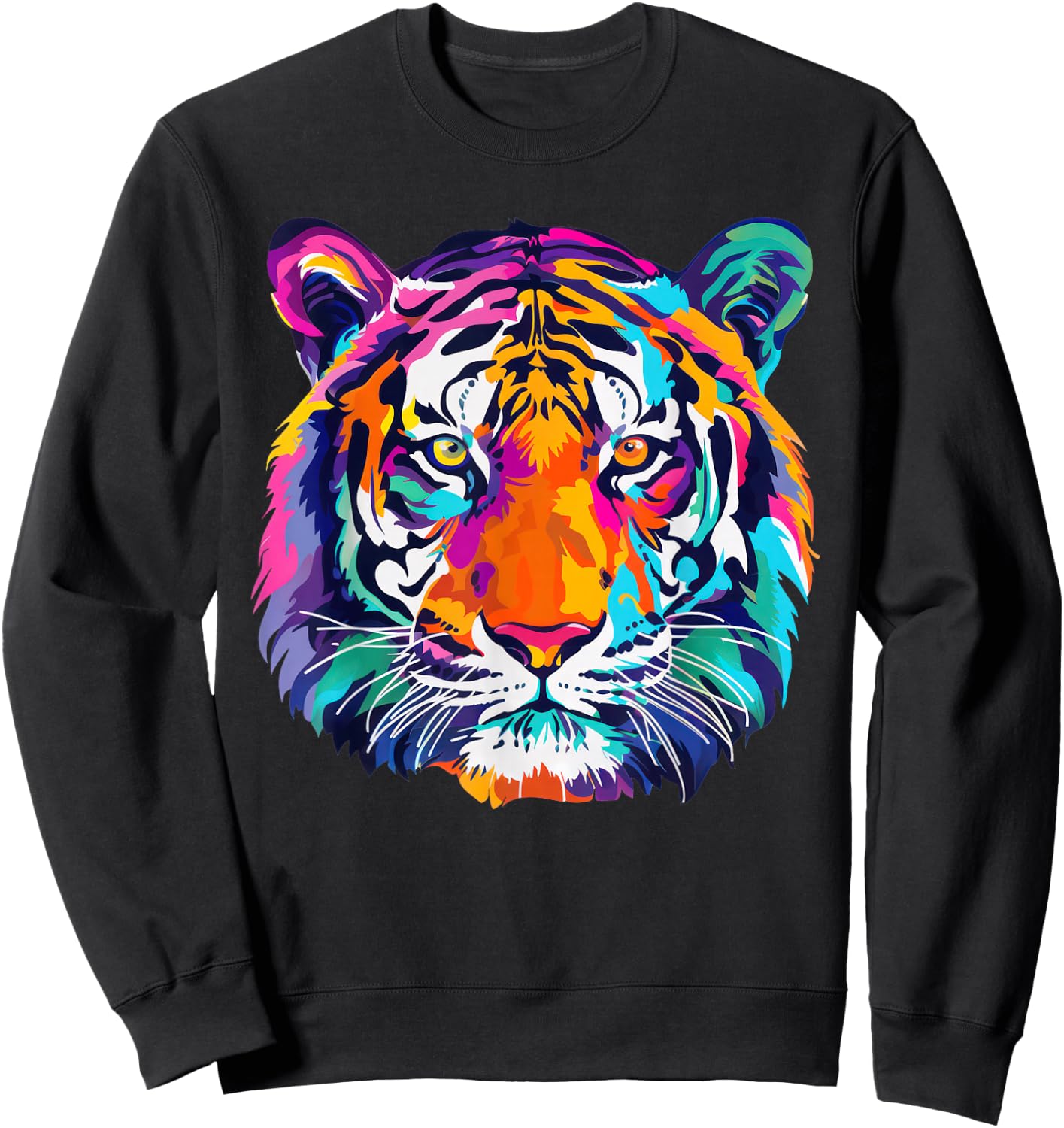 tigerco. Colorful Tiger Graphic , Black, Small, Short Sleeve, Classic Fit Sweatshirt - Sweatshirt | Black