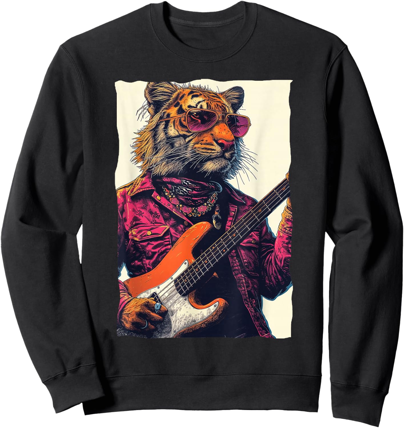 Cool Tiger Playing Guitar Retro Music lover Sweatshirt - Sweatshirt | Black
