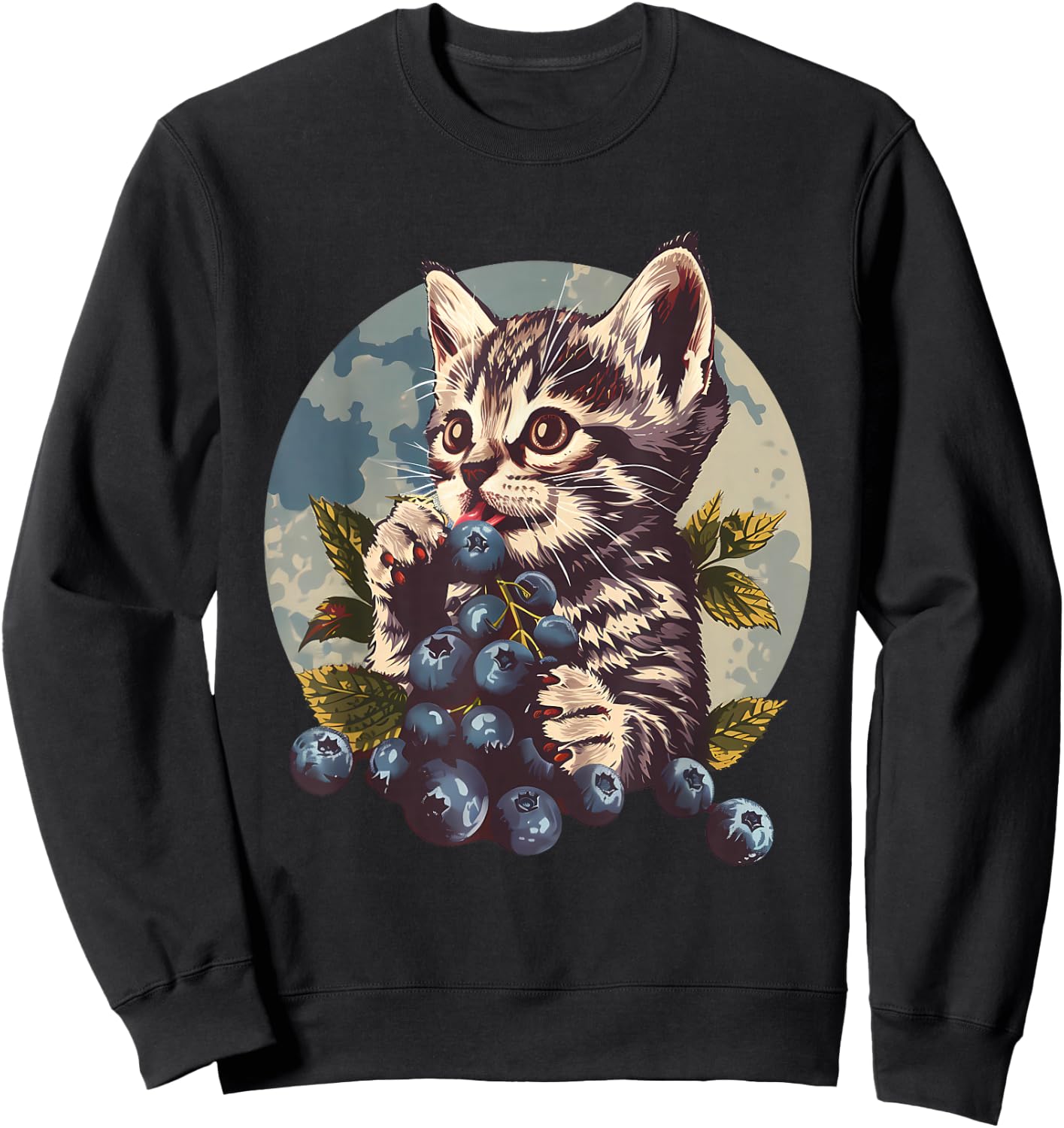 Blueberry Cat Blueberries Portrait Watercolor Animal Art Sweatshirt - Sweatshirt | Black