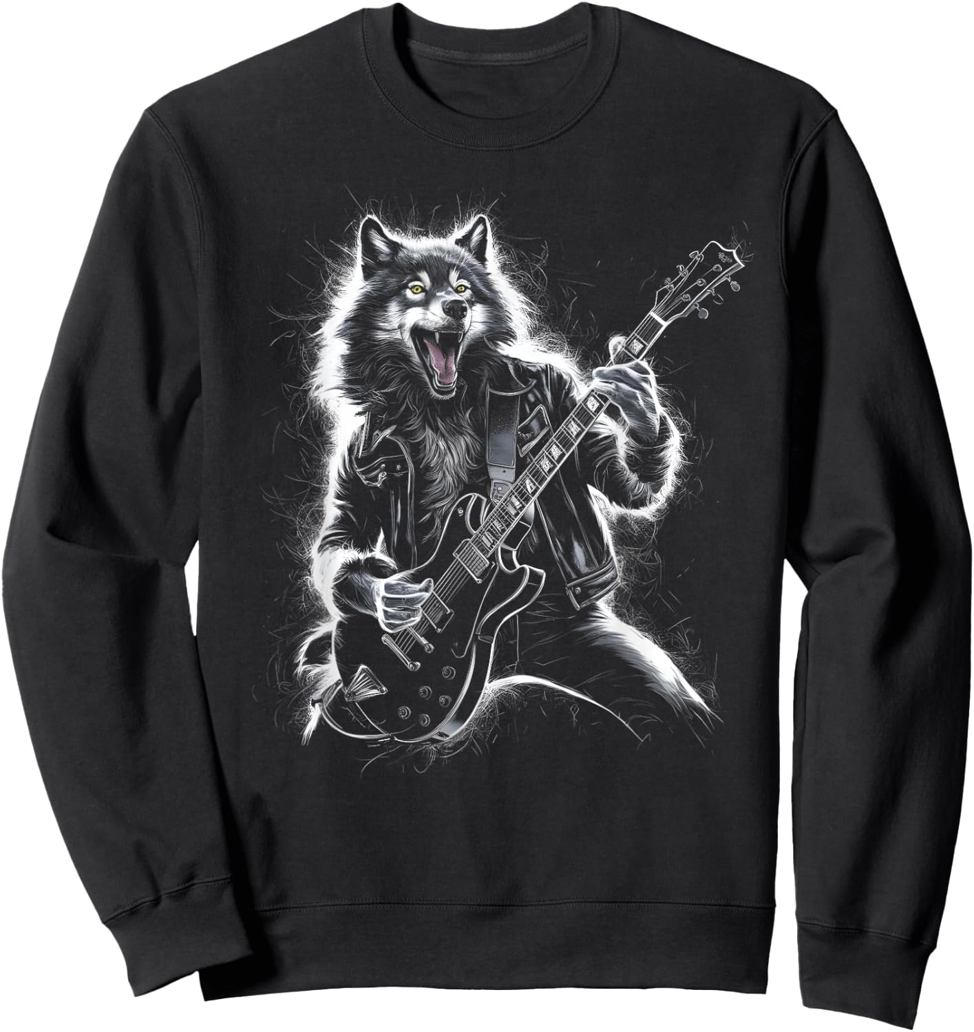 Wolf Playing Guitar Rocker Dog Playing Guitar Rock Sweatshirt - Sweatshirt | Black