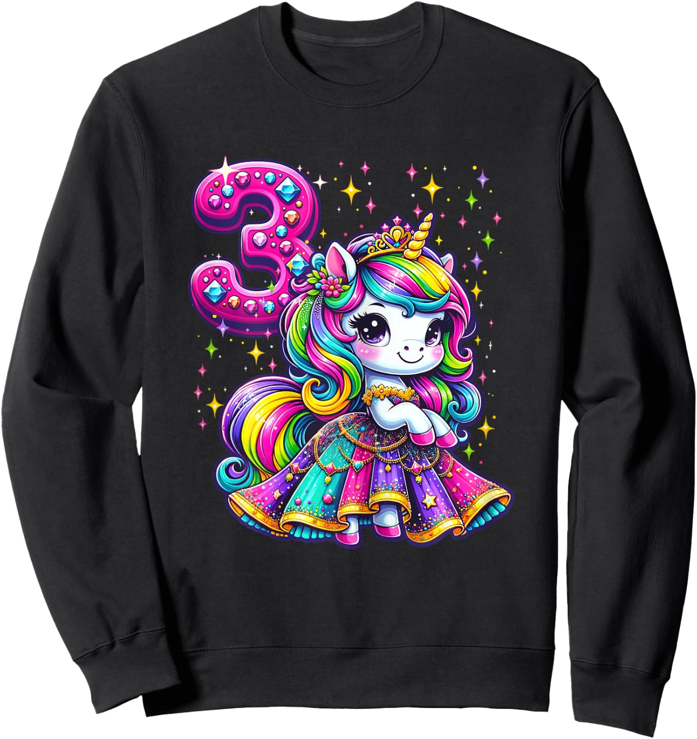 Unicorn Princess 3rd Birthday 3 Year Old Party Girls Outfit Sweatshirt - Sweatshirt | Black