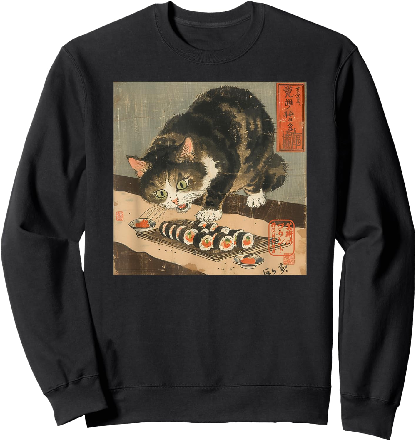 Sushi Cat – Japanese Retro Art Print for Foodie and Cat Love Women Kids Sweatshirt - Sweatshirt | Black