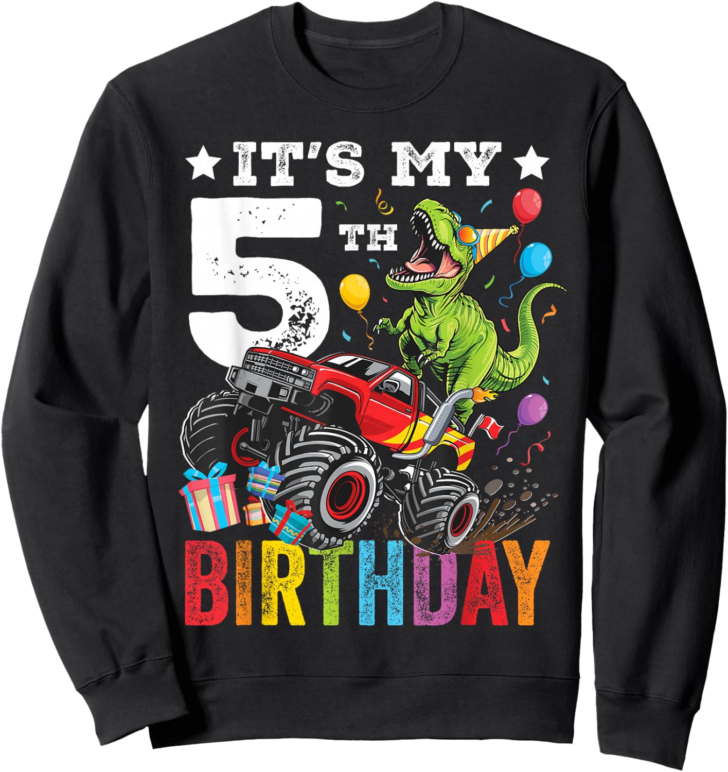 Five 5th Birthday Dinosaur Monster Truck Sweatshirt - Sweatshirt | Black