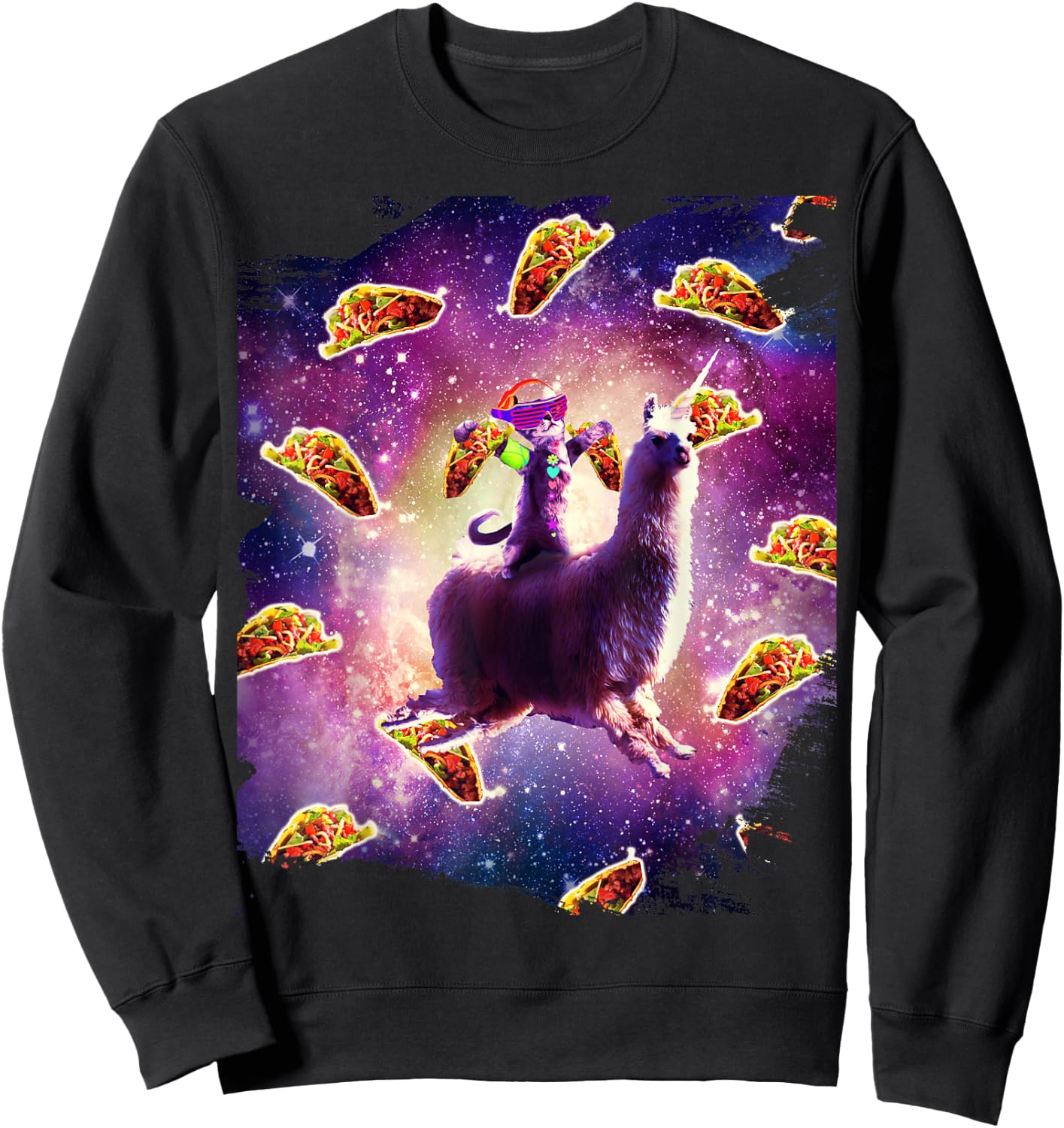 Rave Space Cat On Llama Unicorn - Taco Sweatshirt - Sweatshirt | Black