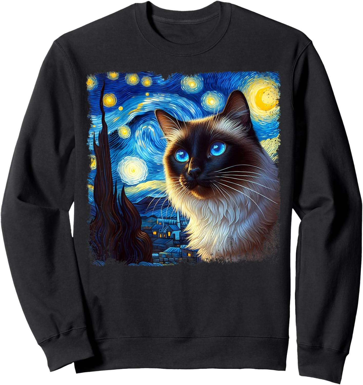Funny Cute Siamese Cat Starry Night Van Gogh Painting Sweatshirt - Sweatshirt | Black