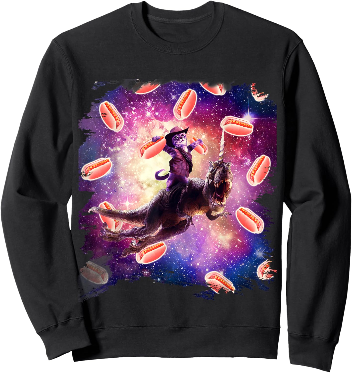 Cowboy Space Cat On Dinosaur Unicorn - Hotdog Sweatshirt - Sweatshirt | Black