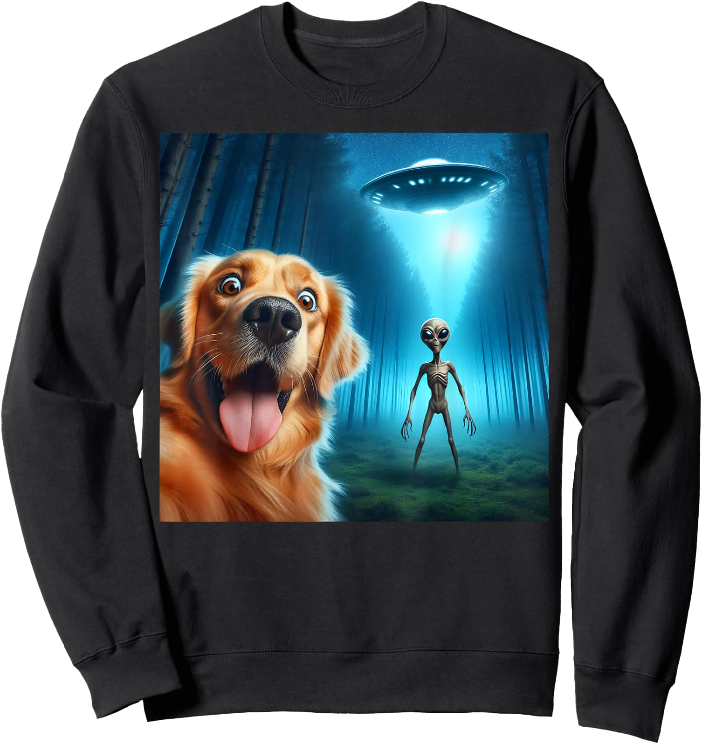 Golden Retriever Selfie Alien UFO Funny Sweatshirt - Sweatshirt | Black