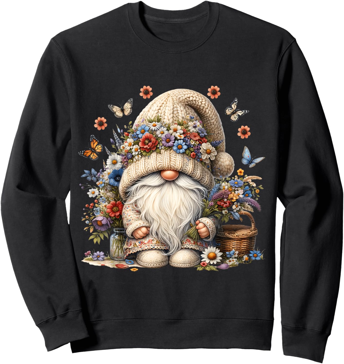 Wildflower Butterfly Gnome In Summer Boho Dress Cute Floral Sweatshirt - Sweatshirt | Black