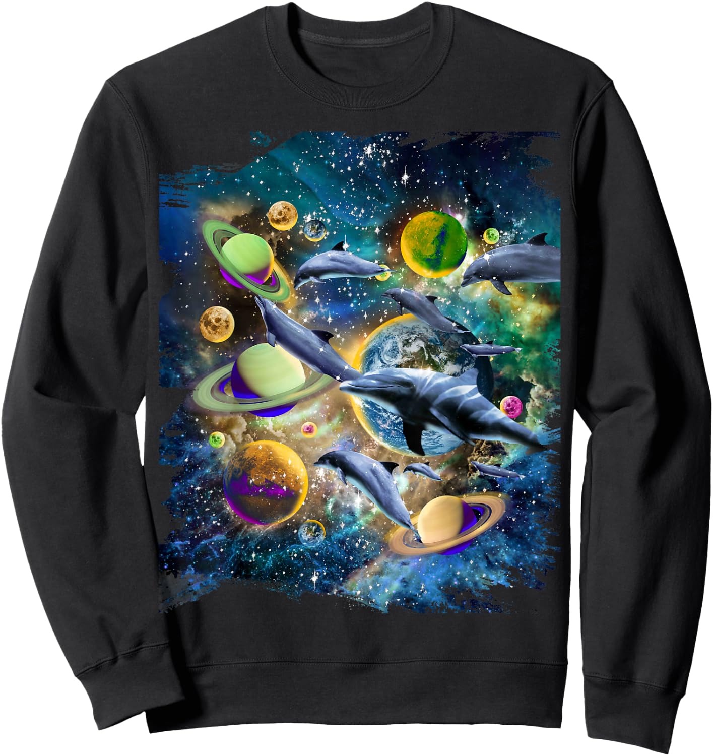 Celestial Space Dolphin, Space Planets Galaxy Dolphins Sweatshirt - Sweatshirt | Black