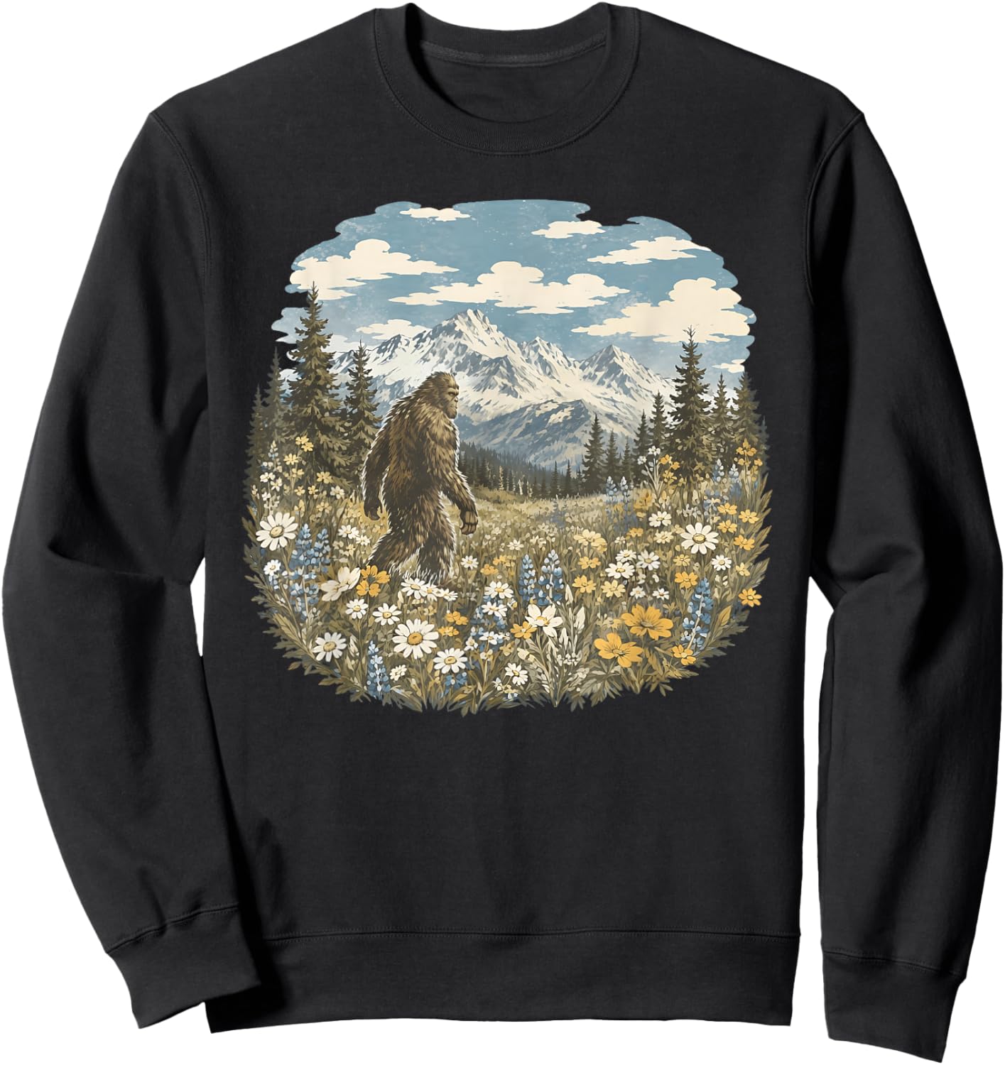 Vintage Sasquatch Floral Bigfoot Walks in A Field of Flowers Sweatshirt - Sweatshirt | Black