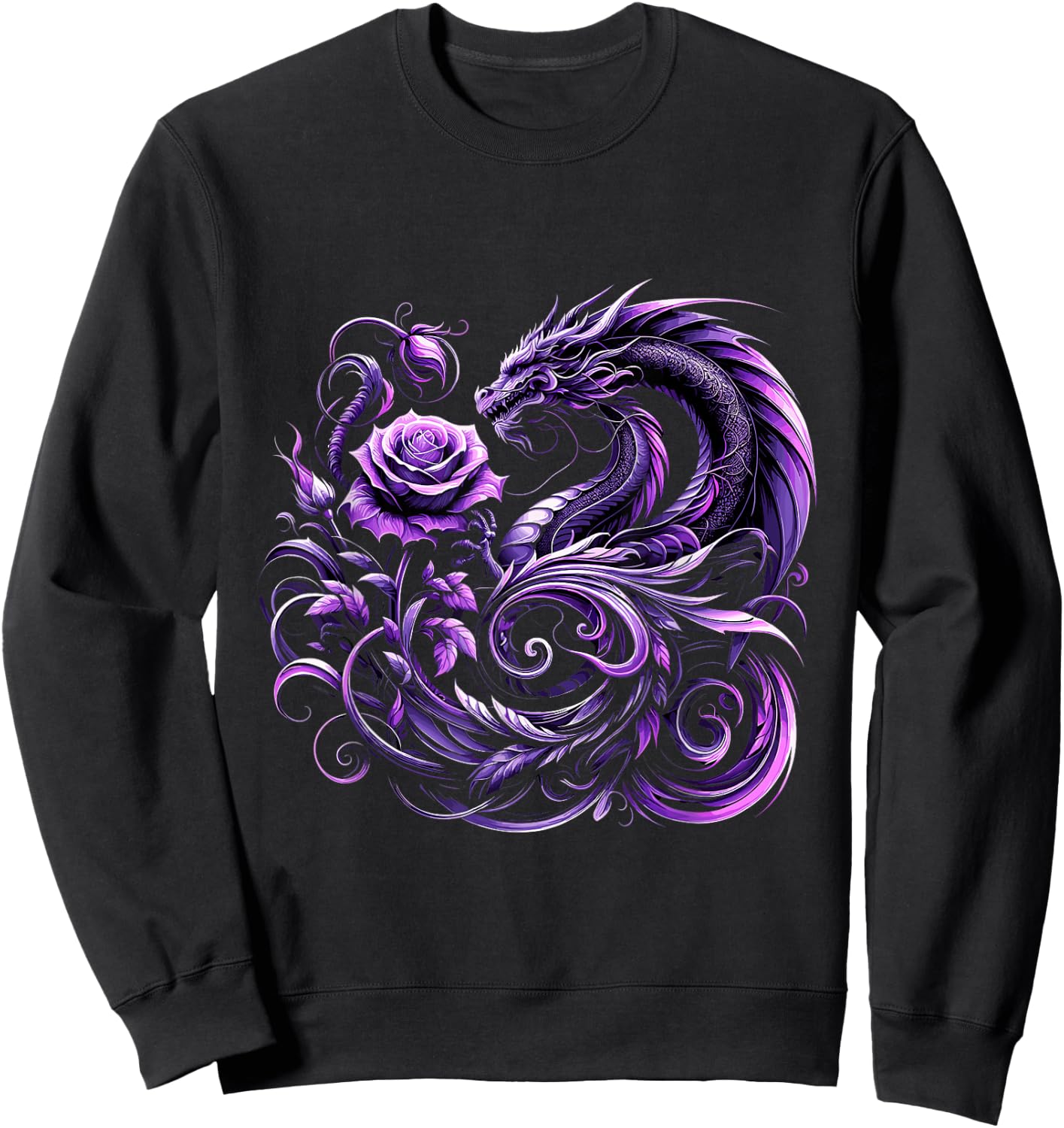 Purple Dragon and Purple Rose Fantasy Sweatshirt - Sweatshirt | Black