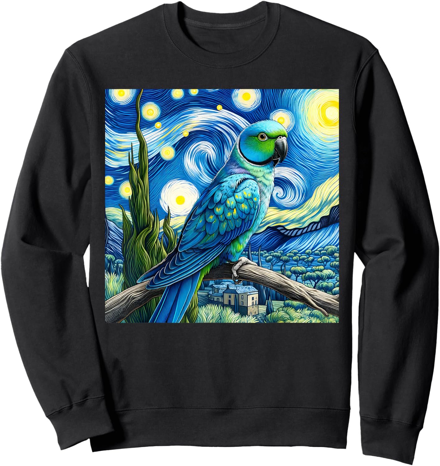 Blue Indian Ringneck Parrot Parakeet Starry Night Van Gogh Sweatshirt - Sweatshirt | Black