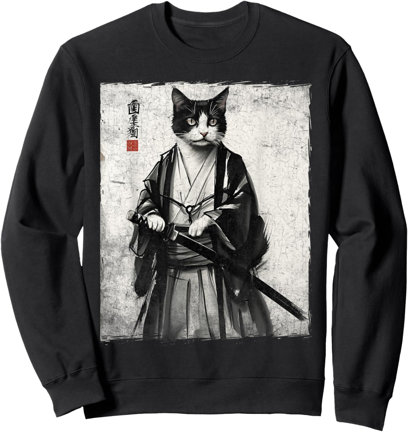 Samurai Cat Ukiyo-e Warrior Art Vintage Ninja Cat Graphic Sweatshirt - Sweatshirt | Black