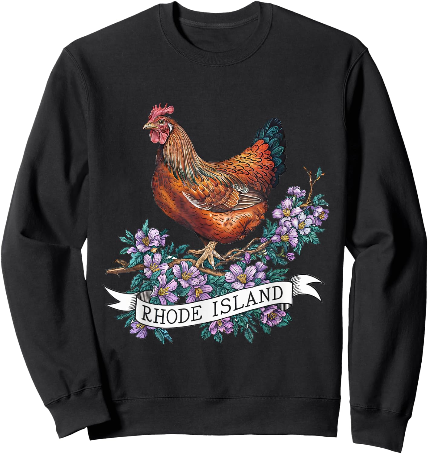 Rhode Island Red Chicken Bird and Violet Flower Sweatshirt - Sweatshirt | Black