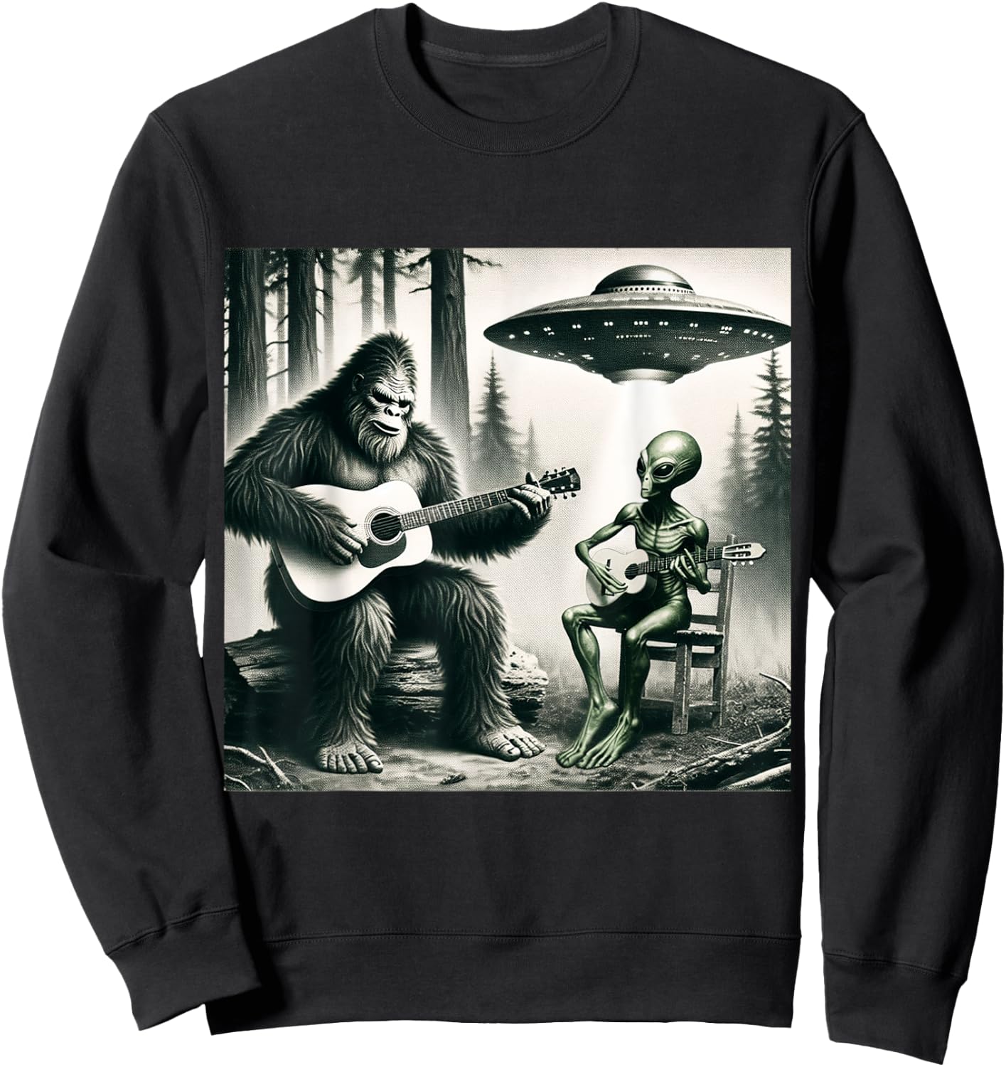 Funny Bigfoot And Alien Playing Electric Guitar. Bigfoot UFO Sweatshirt - Sweatshirt | Black