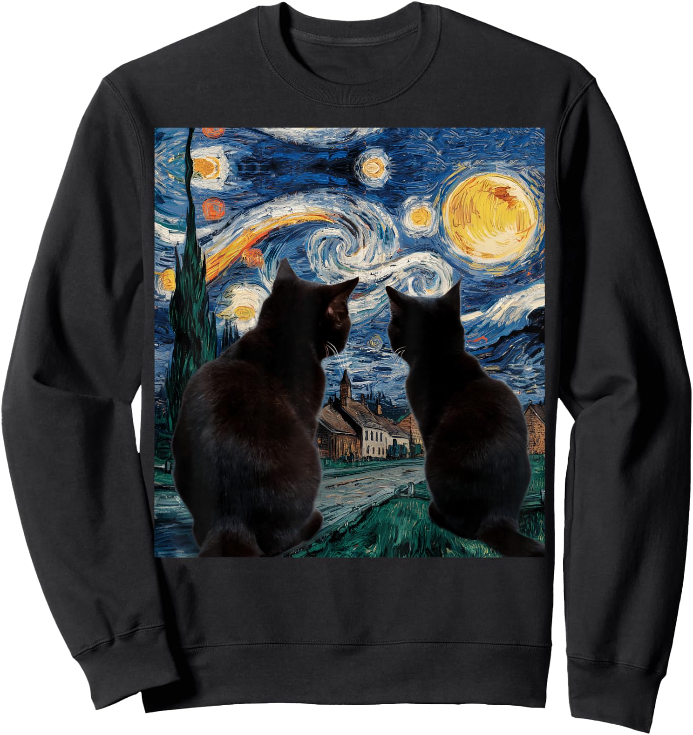 Black Cats Starry Night Van Gogh Cat Lover Men Women Girls Kids Sweatshirt - Sweatshirt | Black