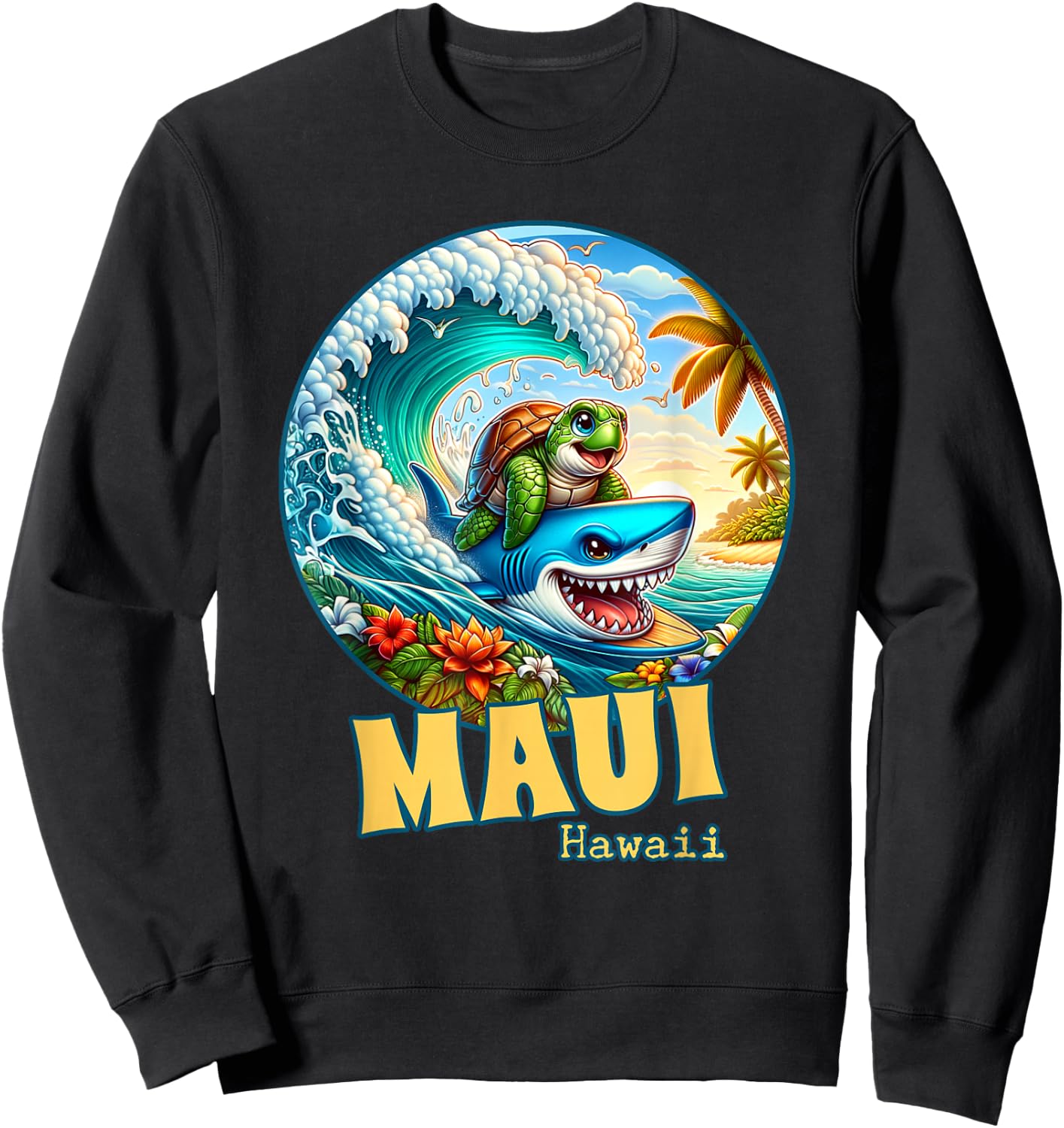 Maui Hawaii Surfing Sea Turtle and Shark Sweatshirt - Sweatshirt | Black